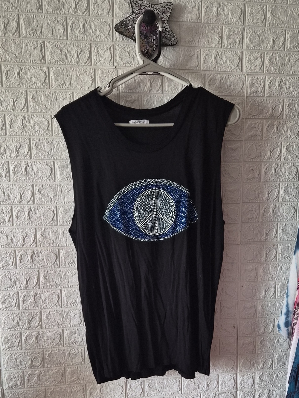 Lauren Moshi Black Muscle Tank with Blue Rhinestone Eye